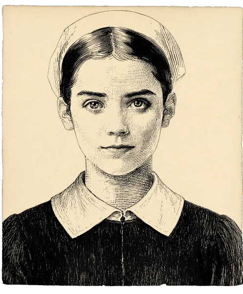 Pen-and-ink portrait of a young woman in a plain cap and high-collared dress, 19th-century engraving style, gazing steadily at the viewer.