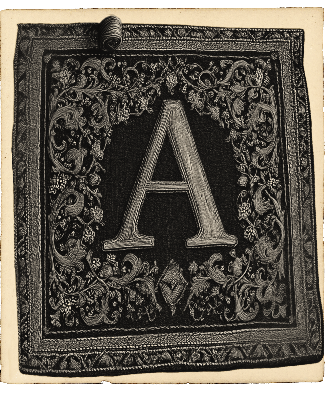 Heavily ornamented embroidered panel with a capital A at the centre, surrounded by dense decorative scrollwork.